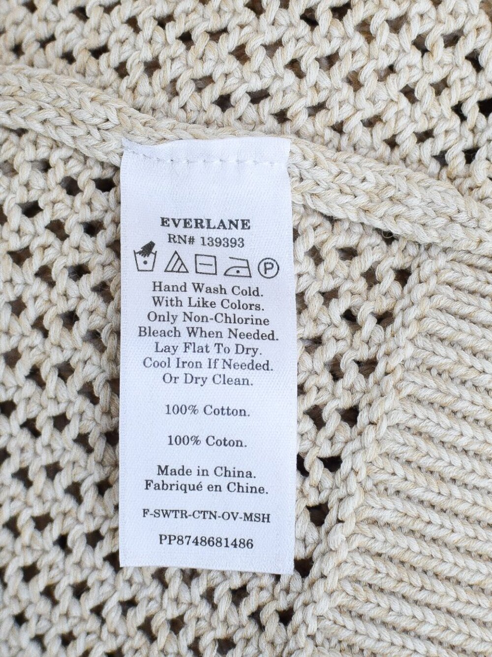 Everlane Mesh Soft Cotton Crew Neck Sweater Tan Beige Open Knit Size L Fisherman - Picture 4 of 10